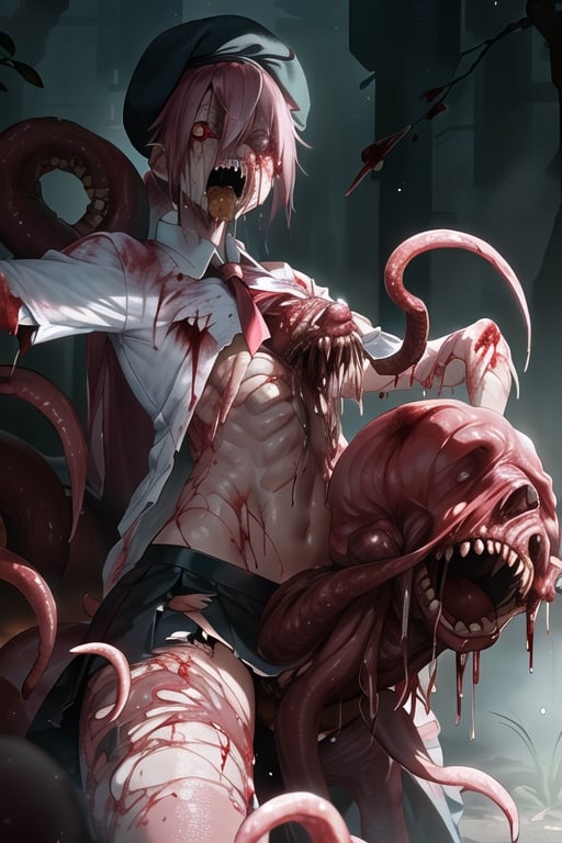 1girl, pink hair, ponytail, white shirt, black skirt, black beret, French beret, torn clothes,CarnageStyle, mutation, teeth, parasite, skull, (blood_red:1.5),bodyhorror death,leucochloridium, leucochloridium eyes,leucochloridium eye,leucochloridium antenna, slug, gore, tentacles, torn shirt, navel, melting,disgusting body horror