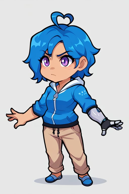 Chibi, score_9, score_8_up, score_7_up,BREAK, 1girl, Tari, Blue Hoodie, tan pants, Mechanical Arm, Blue Hair, ahoge, Purple Eyes,