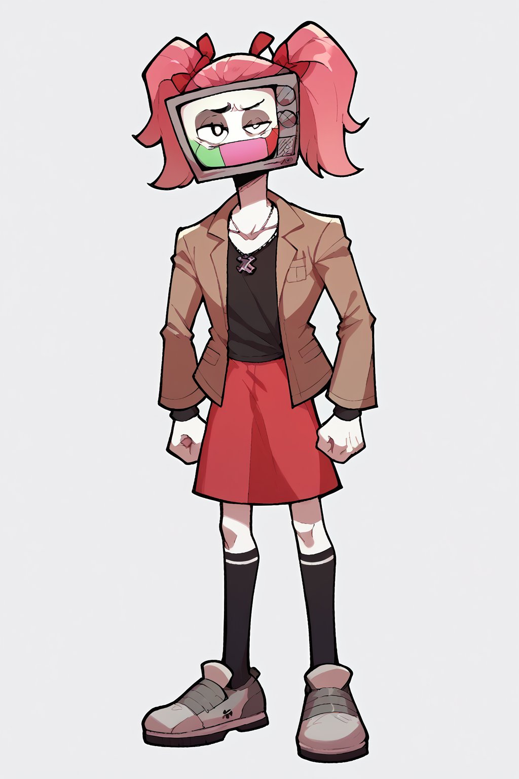 2D, score_9, score_8_up, score_7_up, BREAK, 1boy, solo, MrPuzzles, TV Head, pink Hair, pigtails, red ribbons,brown jacket, black shirt, red skirt, necklace, black socks, grey shoes, smug