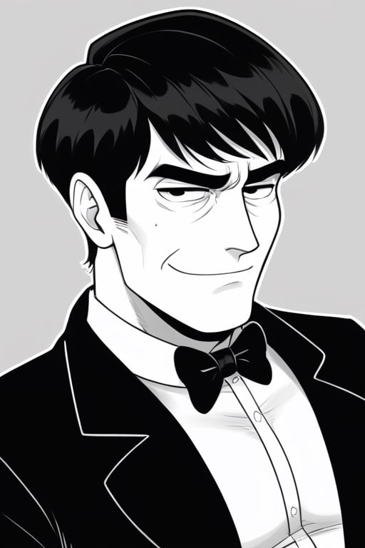 Monochrome, 1boy, solo, Patrick Troughton, dark hair, short hair, slight wrinkles, black coat, white shirt, bowtie, smirk