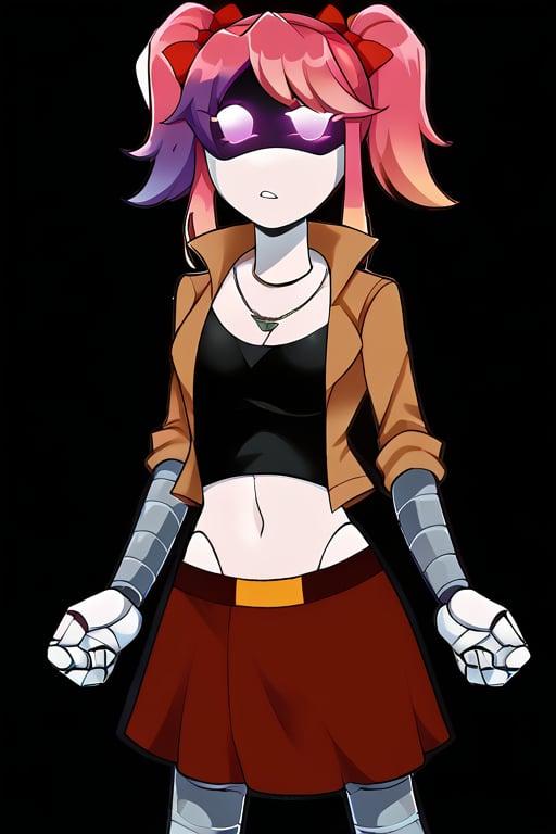 2D, score_9, score_8_up, score_7_up, BREAK, 1girl, solo, Saiko Bichitaru, Pink Hair, Purple Eyes, pigtails, red ribbons,brown jacket, black shirt, crop top, red skirt, necklace, robot, Android, joints, hollow eyes, purple pixel eyes,