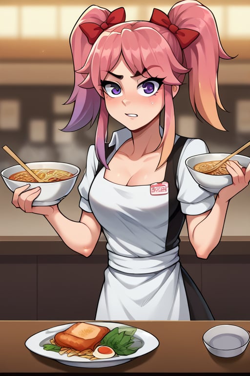 2D, score_9, score_8_up, score_7_up, BREAK, 1girl, Saiko Bichitaru, Pink Hair, Purple Eyes, pigtails, red ribbons, waitress uniform, ramen,