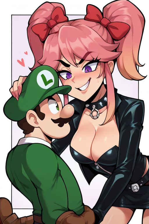 2D, score_9, score_8_up, score_7_up, BREAK, 1girl, Saiko Bichitaru, Pink Hair, Purple Eyes, pigtails, red ribbons, dominatrix, 1boy, Luigi,