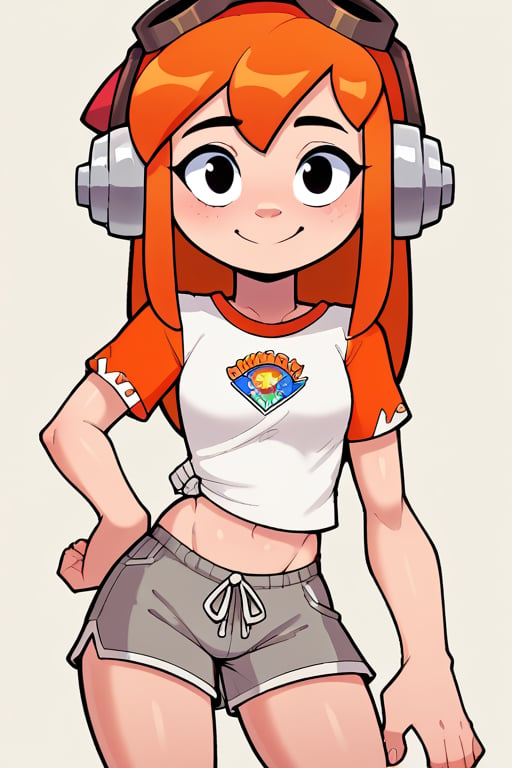 2D, score_9, score_8_up, score_7_up, BREAK, 1girl, solo, VacationMeggy, Orange Hair, Black Eyes, White Shirt, Orange Sleeves, Croptop, Shorts, headphones, red beanie, goggles,