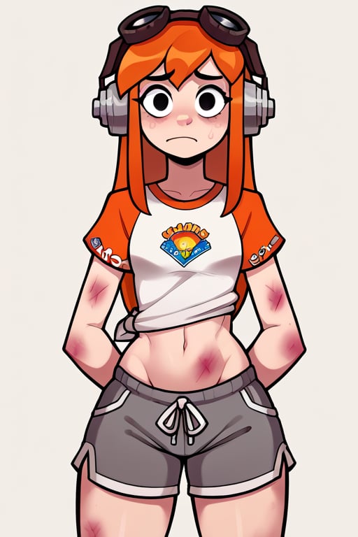 2D, score_9, score_8_up, score_7_up, BREAK, 1girl, solo, VacationMeggy, Orange Hair, Black Eyes, White Shirt, Orange Sleeves, Croptop, Shorts, headphones, red beanie, goggles, bruises,