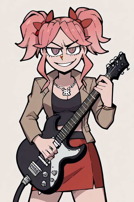 2D, score_9, score_8_up, score_7_up, BREAK, 1girl, Saiko Bichitaru, Pink Hair, Purple Eyes, pigtails, red ribbons,brown jacket, black croptop, red skirt, skull necklace,Helltaker style, guitar,