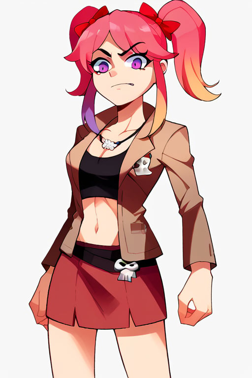 2D, score_9, score_8_up, score_7_up, BREAK, 1girl, Saiko Bichitaru, Pink Hair, Purple Eyes, pigtails, red ribbons,brown jacket, black croptop, red skirt, skull necklace,