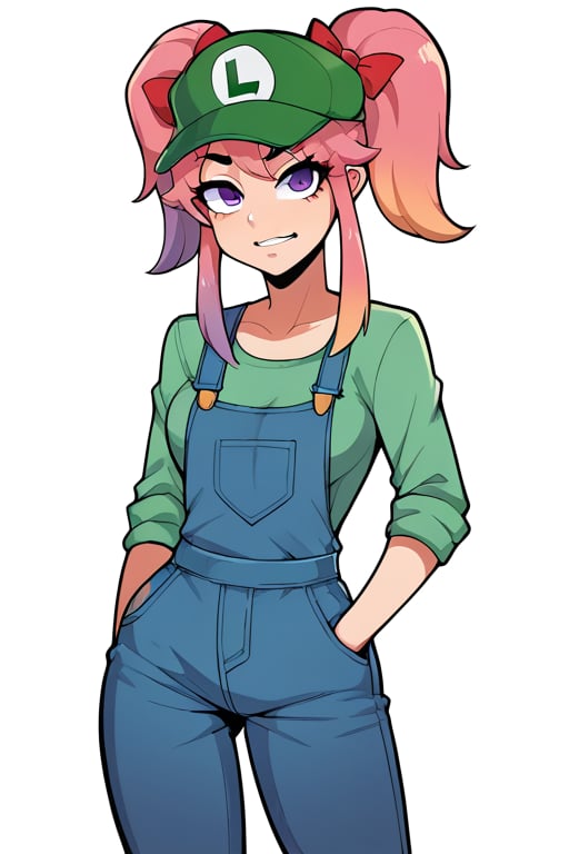 2D, score_9, score_8_up, score_7_up, BREAK, 1girl, Saiko Bichitaru, Pink Hair, Purple Eyes, pigtails, red ribbons, green hat, green shirt, purple overalls, Luigi