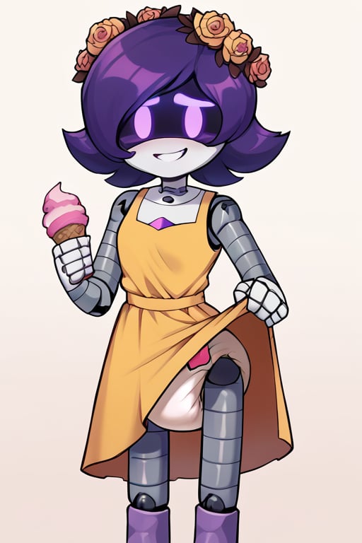 2D, score_9, score_8_up, score_7_up, BREAK, 1girl, solo,Uzi, Purple Hair, Purple Eyes, Robot, Visor, yellow sundress, skirt lift, diaper, flower crown, ice cream, smile,