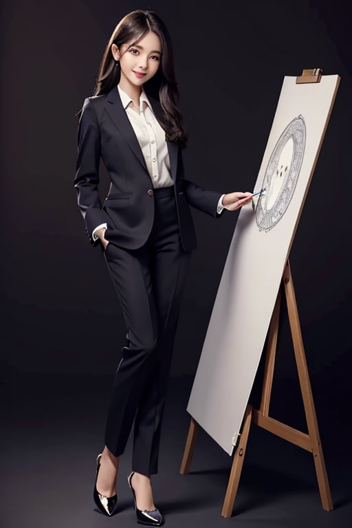 (best quality, masterpiece, ultra quality), cute girl, long straight dark hair, straight hair, surgeon clothes, smart suits, tall, professional-looking, visible forehead, doctor white coat, cute smile, professional looking, black heels, wearing pants, beautiful figure, wide hips, detailed face, detailed eyes, look at the camera, perfect lighting, UHD, line art, intricate details, highly detailed, dynamic light, ink painting, outline, intricate line drawings, dark background, simple_background,asian girl, shoes, shirt, full body,high_school_girl, introducing products,Detailed face, big eyes, blank background, holding a pen, smile, cheerful,little_cute_girl