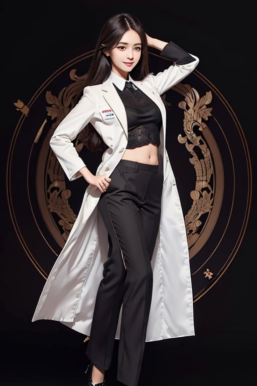 (best quality, masterpiece, ultra quality), cute girl, long straight dark hair, straight hair, surgeon clothes, smart suits, tall, professional-looking, visible forehead, doctor white coat, cute smile, professional looking, black heels, wearing pants, beautiful figure, wide hips, detailed face, detailed eyes, look at the camera, perfect lighting, UHD, line art, intricate details, highly detailed, dynamic light, ink painting, outline, intricate line drawings, dark background, simple_background,asian girl, shoes, shirt, full body,high_school_girl, introducing products,Detailed face, big eyes, blank background, holding a pointer, smile, cheerful,little_cute_girl