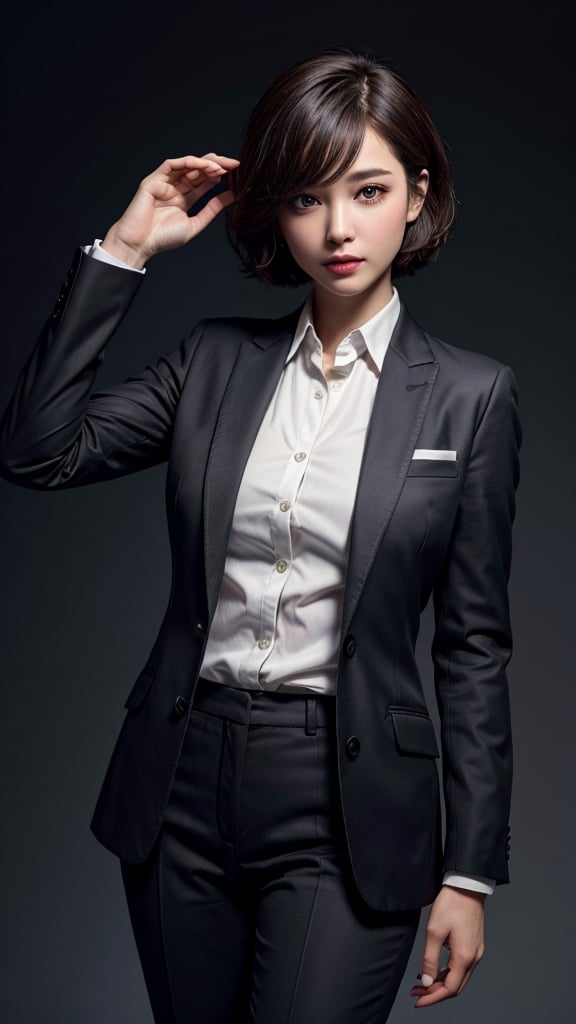 {{{masterpiece}}}, {{{best quality}}}, {{{ultra-detailed}}}, {cinematic lighting}, {illustration}, 1girl, short hair, black eyes, nice hands, smart suit, professional looking, bilateral symmetry, nice hands, facing camera, black background, full body, full lenth, pants, white shirt, OK, LIKE, 