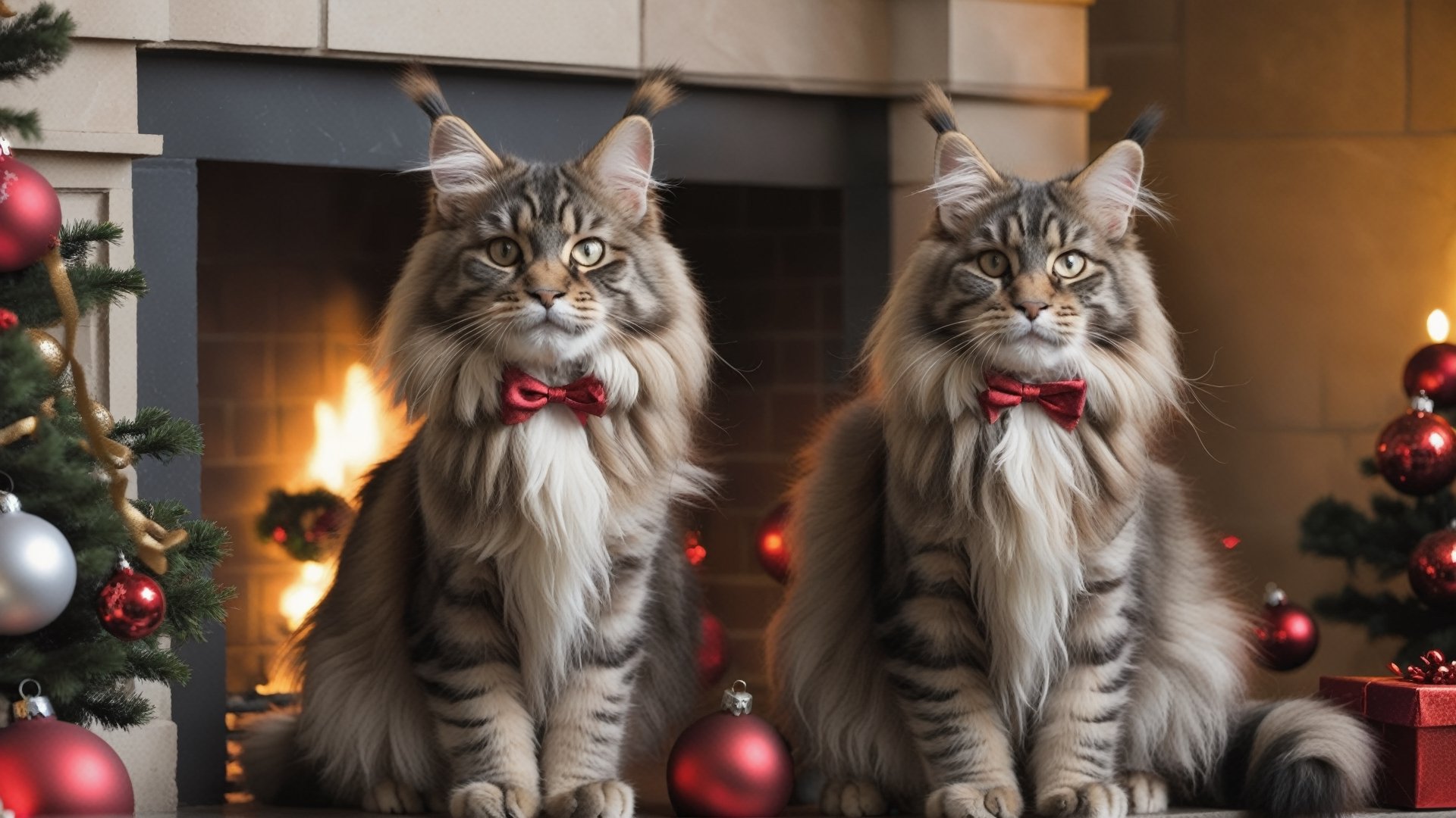 Main Coon Cats, christmas decorations, fireplace