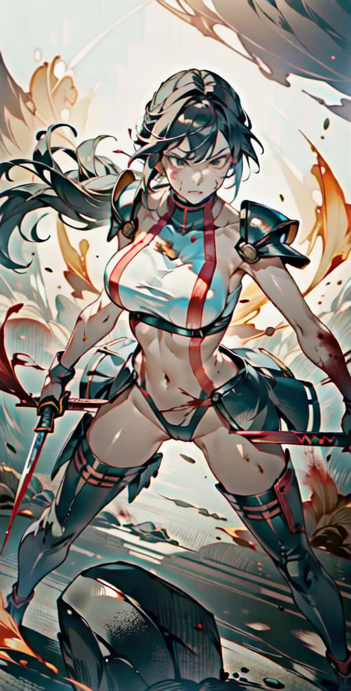 Realistic, (masterpiece 1.4), torn at breast armor, (Ultra HD quality), (8k HDR quality), 1girl, Iron-samurai knight Armour, underboob armor, hitech armour, Hi-Tech web shooter, erotic look, dark background, large rounded breast ,mecha musume, (visible thigh, visible navel), torn armor, dirty armor, ripped armor, broken armor, cracked armor, bloody armor, wounded face, bloody face, dirty face, standing pose with related weapon, 

,BBYORF,shiranui_mai_suit,  dual wielding, knife,