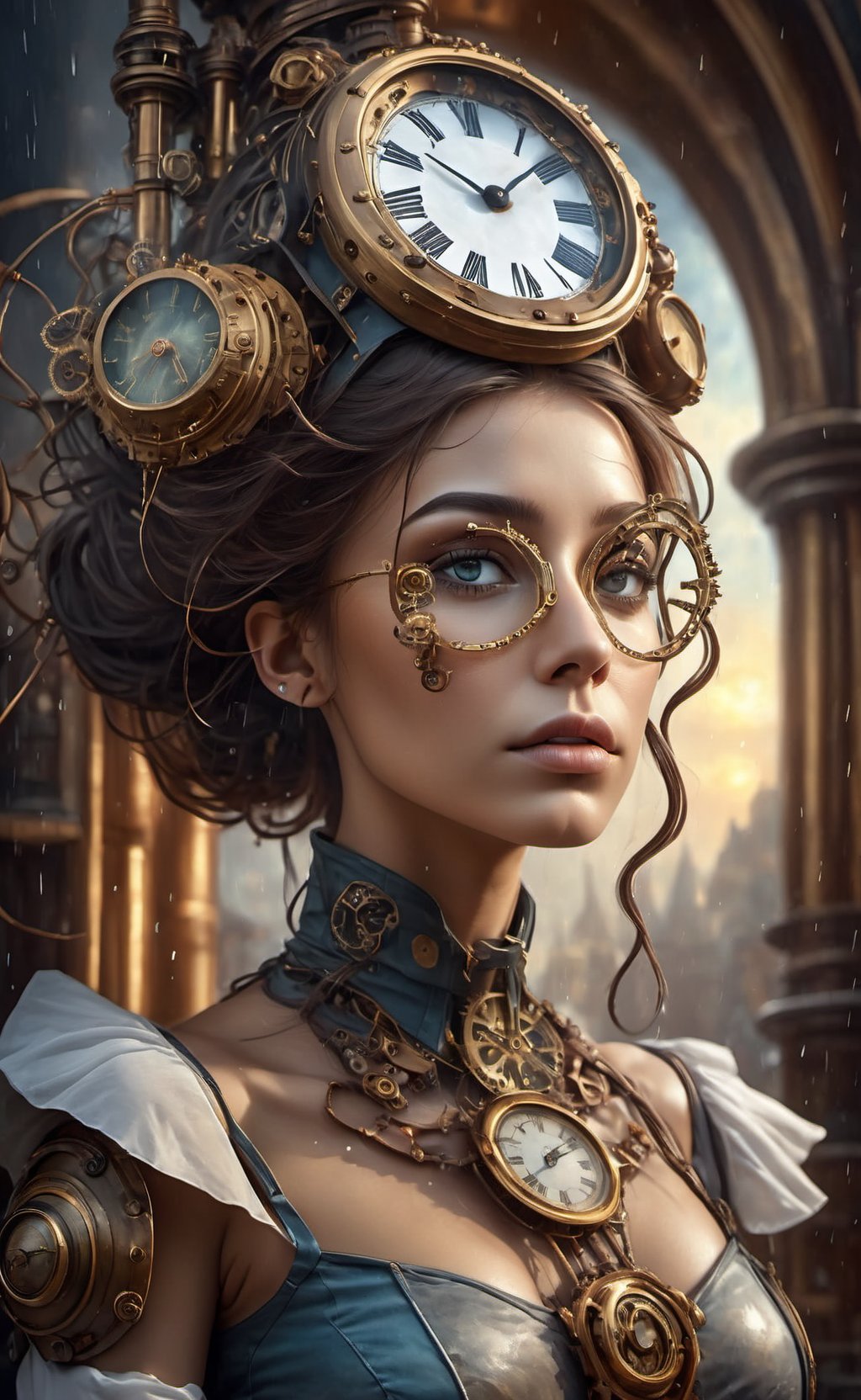 olpntng style, high quality steampunk portrait of the woman called Goddess Time with a clock for a head played by Sam Elliott, clock goggles, amazing background, by tomasz alen kopera and peter mohrbacher, dripping sparks, rain, sharp focus, clear, vibrant, denoised, intricately detailed, amazing clock, 8k, steampunk clock render engine, oil painting, heavy strokes, paint dripping,HZ Steampunk,dashataran,3d style