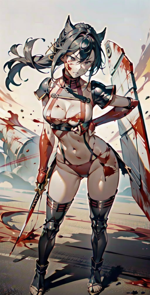 Realistic, (masterpiece 1.4), torn at breast armor, (Ultra HD quality), (8k HDR quality), 1girl, Iron-samurai knight Armour, underboob armor, hitech armour, Hi-Tech web shooter, erotic look, dark background, large rounded breast ,mecha musume, (visible thigh, visible navel), torn armor, dirty armor, ripped armor, broken armor, cracked armor, bloody armor, wounded face, bloody face, dirty face, standing pose with related weapon, 

,BBYORF,shiranui_mai_suit,  dual wielding, knife,