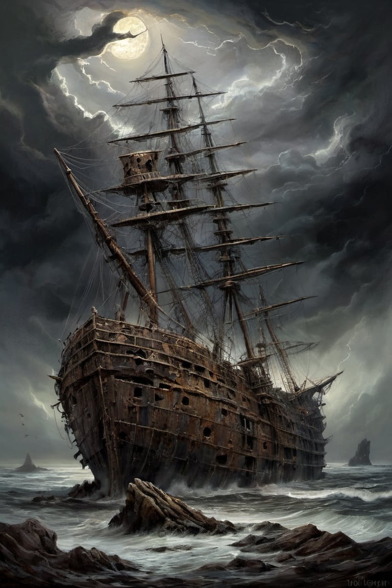 surreal painting featuring a massive ghost ship, its hull decayed and weather-beaten, stranded on a dark, rocky coastline, a stormy sky looms overhead, casting the scene in an ominous light, the rough texture of the dry brush style adds to the weather-beaten, forsaken nature of the ship and its desolate surroundings, , dark, gothic, fantastical, symbolic, disturbing, intricate, highly detailed, moody lighting, complex textures, organic forms intertwined with mechanical elements