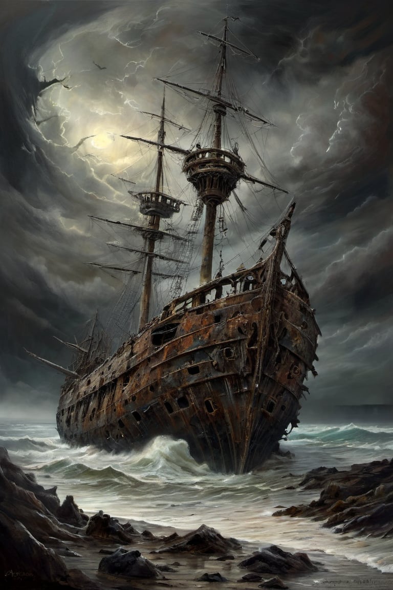 surreal painting featuring a massive ghost ship, its hull decayed and weather-beaten, stranded on a dark, rocky coastline, a stormy sky looms overhead, casting the scene in an ominous light, the rough texture of the dry brush style adds to the weather-beaten, forsaken nature of the ship and its desolate surroundings, , dark, gothic, fantastical, symbolic, disturbing, intricate, highly detailed, moody lighting, complex textures, organic forms intertwined with mechanical elements