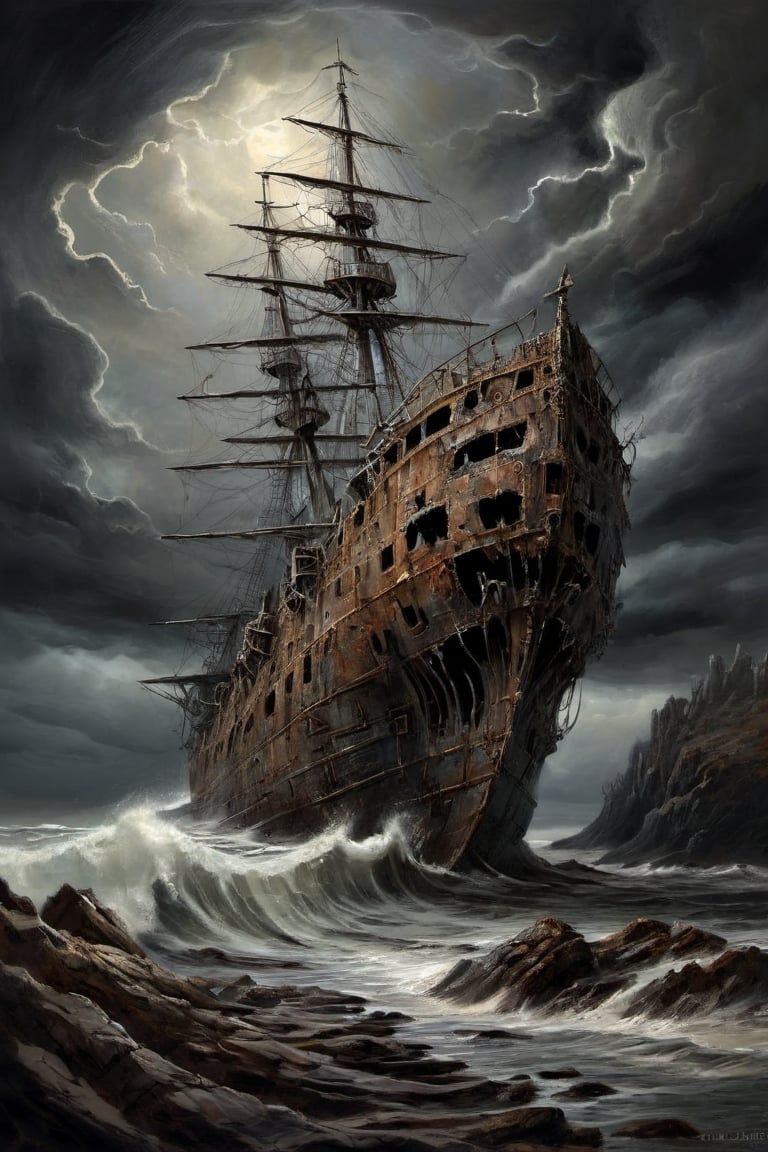 surreal painting featuring a massive ghost ship, its hull decayed and weather-beaten, stranded on a dark, rocky coastline, a stormy sky looms overhead, casting the scene in an ominous light, the rough texture of the dry brush style adds to the weather-beaten, forsaken nature of the ship and its desolate surroundings, , dark, gothic, fantastical, symbolic, disturbing, intricate, highly detailed, moody lighting, complex textures, organic forms intertwined with mechanical elements