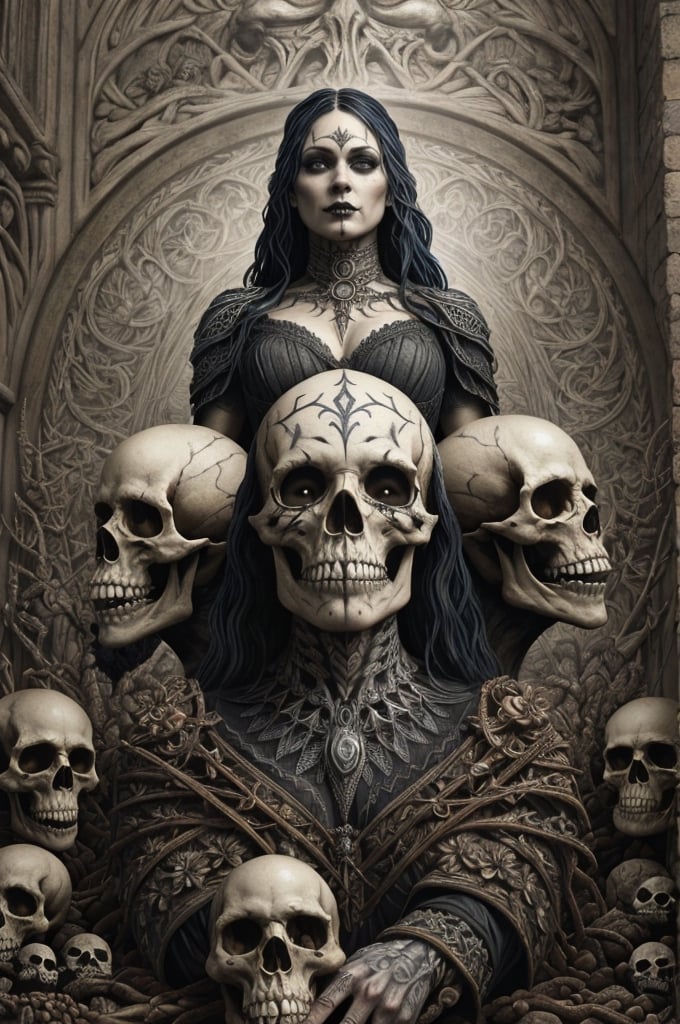 uma rainha, uma foice e caveiras, arte escura altamente detalhada, Dan Mumford Tom Bagshaw, Dan Mumford e Alex Grey Estilo, Bosch e Dan Mumford, adorned with demon skulls, detailed 3d gothic oil painting, Arte digital escura, mas detalhada, Arte altamente detalhada em 4K, Arte detalhada 4k, arte detalhada limpa, gothic art