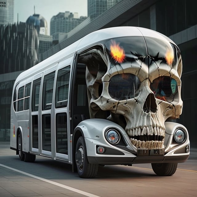 A modern and futuristic bus with the front of the vehicle in the shape of a skull, the front windows are the skull eyes, dark fantasy, conceptual art, cinematic,photorealistic