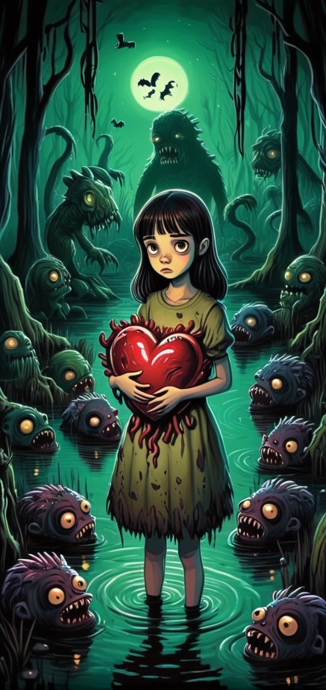 sad girl holding a pulsing human heart surrounded by monsters on a swamp at night