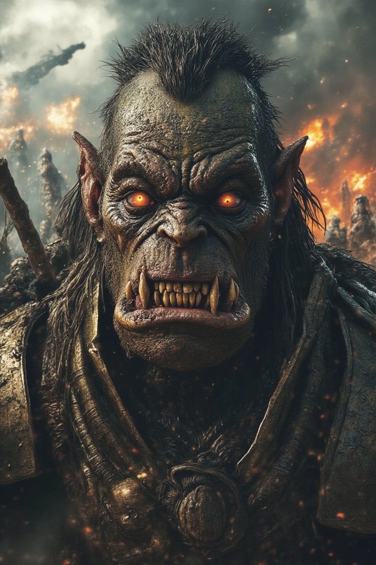 Orc elite warrior holding a large wooden club, dirty face with some scars, expressive eyes with cornea and iris details, dirty hair,detailed teeth, wearing period armor with minute details, realistic texture materials, incredibly realistic skin texture, middle earth battlefield, smoke and fire around, cloudy sky, hostile environment, carbonic ambient particles, face with infinite details, insanely detailed mouth and teeth, anger, rage, saliva, , slightly bifuged background, hyper-realistic style, extremely high resolution details, amazing reflections of light and shadows that give great realism, photographic, realism taken to the extreme, fine texture, incredibly realistic, photorealistic, masterpiece, 8k, professional, dramatic, cinematic, full body shot, amazing reflections of light and shadows that give great realism, perfect body position, 35mm, HDR