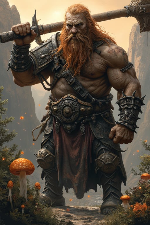 A huge brutal giant warrior rests on his shoulder a huge club that he grabs with his right hand, his half-dirty face and takes a defiant stance. His eyes are very large with an intense shine, full of anger, he has a serious face and with great impressive facial details. He has a thick beard and long faded orange and ocher hair. His dilated pupils and irises are clearly visible. He has a muscular and strong body, dressed in old arcane metal armor, with dirty boots. The club is impressive and with spikes stuck in the upper tip. It is located in a clearing in an enchanted valley, there is vegetation but it is colorful, some fireflies float in the air illuminating mushrooms, herbs, pebbles. The light of the sunset falls on the giant highlighting his silhouette. In a hyperrealistic style, the intricate details of the image impress, the reflected light and the effect of the magical environment take us into a charming, divine masterpiece, a professional job, focused and sharp image with high quality.