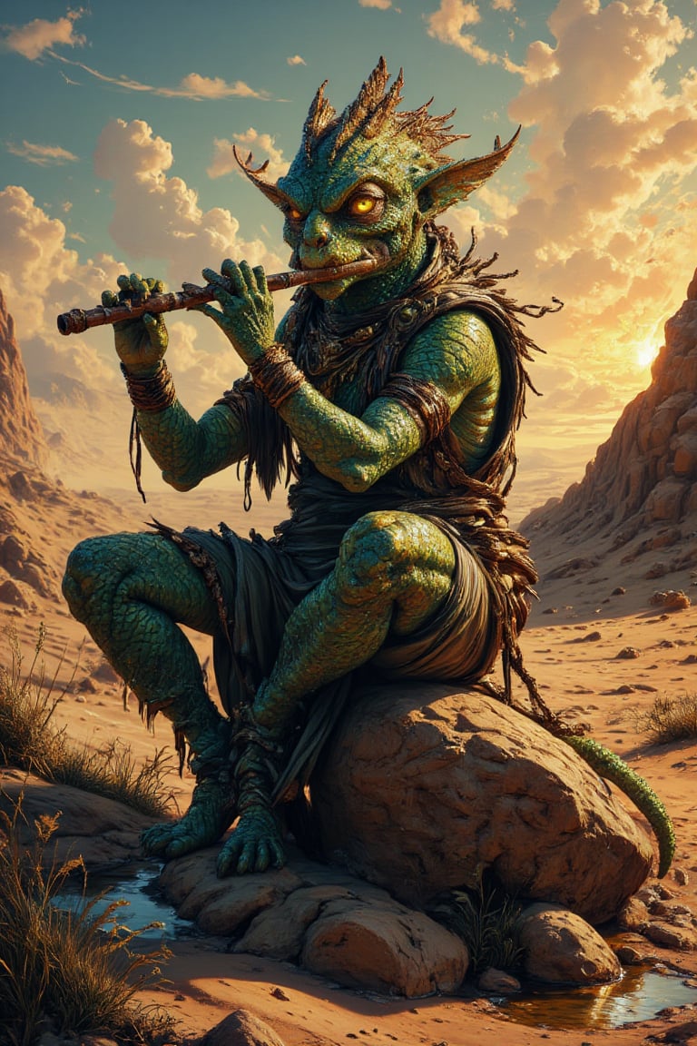 Here's a rewritten prompt that maintains the original's coherence and vividness:
A mystical creature with scaly green skin, impressive bright yellow eyes and an impressive outfit playing a flute on a rock in the desert. The facial details are impressive, his face is pleasant and transmits peace and harmony. With a light pose he moves his body in perfect harmony with his flute, his fingers slide over the holes of the flute with great skill, a little dust moves around him gently enveloping him with the environment, the magnificent rock is surrounded by some grasses and a small puddle, a splendid sunset image, a masterpiece that evokes the spirit of the desert with great professionalism, captivates the professionalism of the strokes of the illustration collecting great realism transporting us to a supernatural dimension
