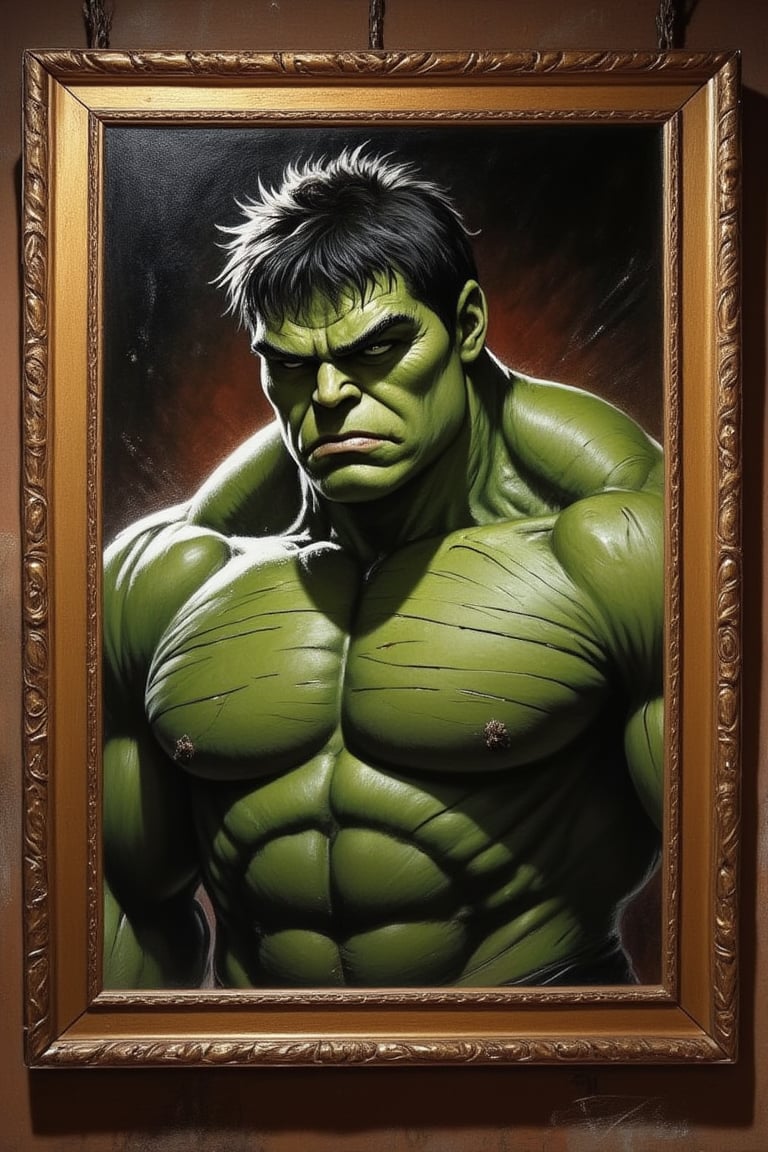 Portrait of Hulk made in oil in the 15th century in a ((Renaissance gold  wood frame very detailed)),hanging on the wall of a Renaissance room, impeccable strokes, realism, vivid colors in a matte tone, highlighted eye contour, dramatic,semi-lateral position,centered image, light reflected on the face with shades of dark shadows, hyper realistic paint texture,masterpiece, period painting with great realism, impressive details of the suit, very defined and curious, Gothic style, extremely high-resolution details, photographic, realism pushed to extreme, fine texture, incredibly lifelike,background with tone that highlights the image,by Stan Lee style,trending on artstation