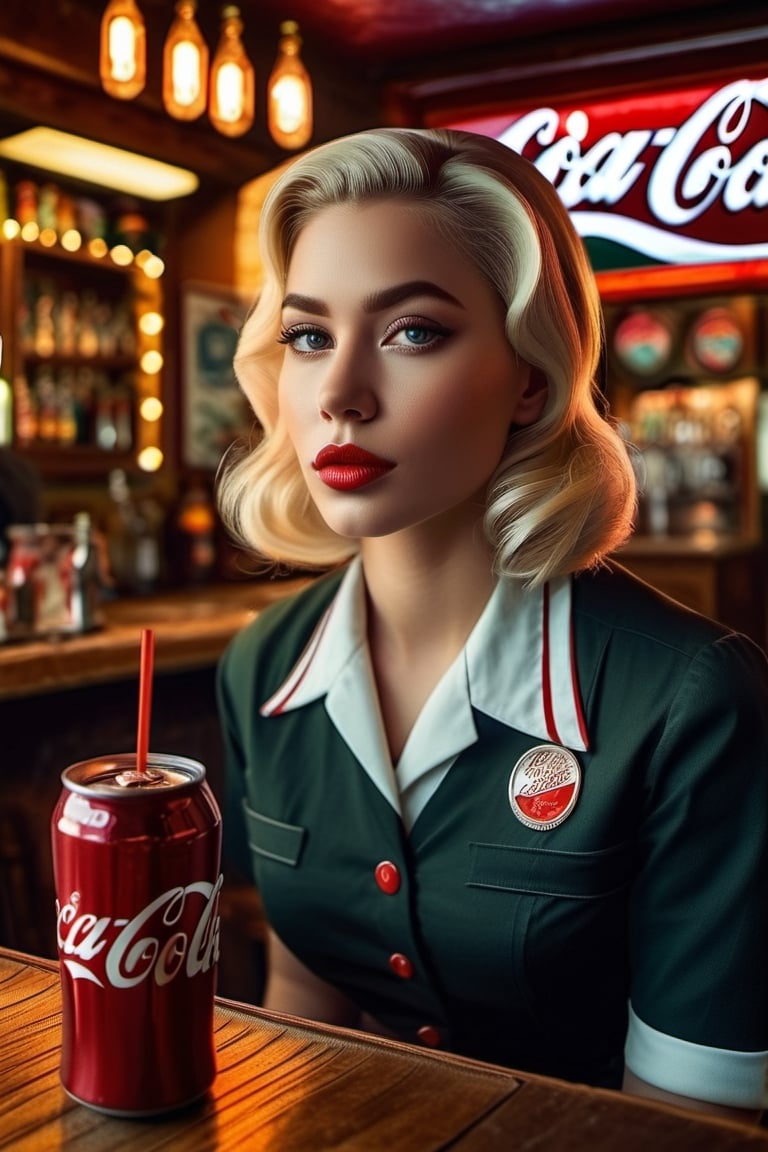 American waitress filling a glass of Coca Cola, in a roadside bar, 50s, looking ahead with a lost look, spilling the liquid she made, blonde, detailed hair, period style in clothing, various details in her uniform, lighting side with mysterious atmosphere, very detailed environment, intrinsic details of the environment, vintage style painting with professional strokes and brushstrokes of countless fine and delicate details, very expressive eyes hypnotized with reflections in their iris and cornea, impressive facial details, work of art, masterpiece, realistic comic design, impressive light effects, matte textures, soft colors