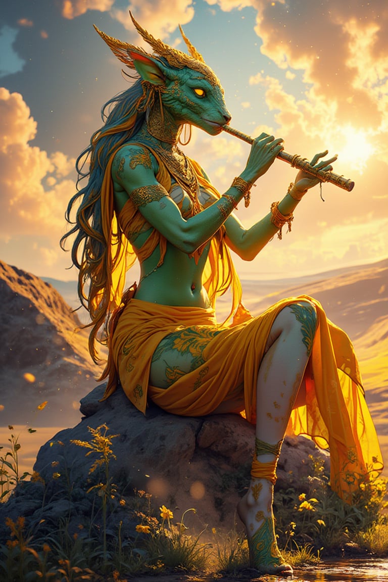 A mystical anthropomorphic goddess creature with soft, semi-scaly green skin and stunning bright yellow eyes wearing a brightly colored silk outfit, playing a flute masterfully on a rock in the desert. The facial details are impressive, her face is pleasant and transmits peace and harmony. With a light pose she moves her body in perfect harmony with her flute, her fingers slide over the holes of the flute with great skill, the position of her arms is in tune with the pose of her body making it a delight to the eye, dust particles float around her gently enveloping her with the environment, the magnificent rock is surrounded by some grass and a small puddle, a splendid sunset image, the bath of light on the creature enhances the magnetism of her captivating figure, a delight of contrasts and graphic beauty, a masterpiece that evokes the spirit of the desert with great professionalism, captivates the professionalism of the strokes of the illustration collecting great realism transporting us to a supernatural dimension,8k,divine,cinematic,alive,mystical