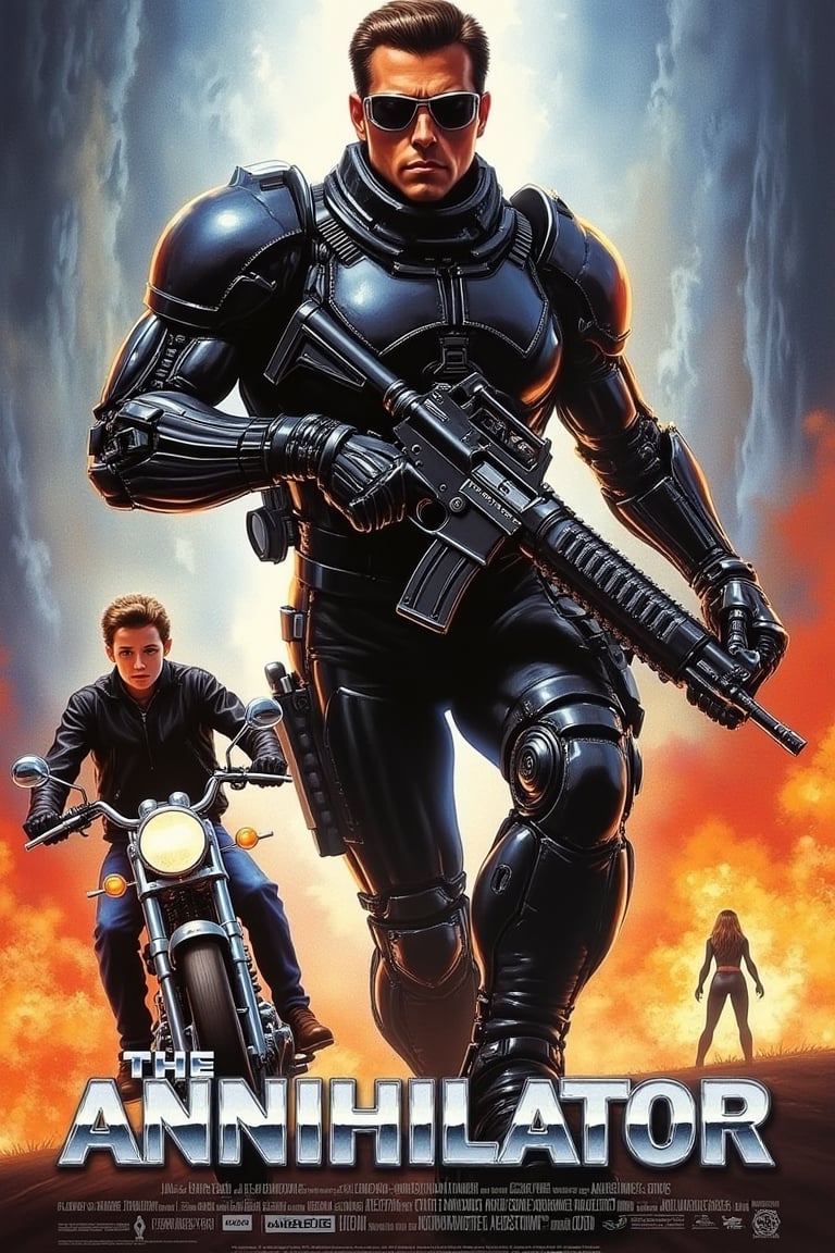 A futuristic promotional poster for The Annihilator, a large cyborg man wearing dark glasses and tight clothing carrying an assault rifle, behind him a teenager riding a motorcycle and further back the silhouette of a beautiful blonde woman, all converge, centralizing the image full of nuances and great details, in metallic letters the title emerges while the details of the film dance in the scene, providing a masterful professional edition in an 80s style, futuristic, magnificent, impressive.