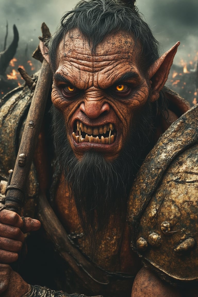 Orc elite warrior holding a large wooden club, dirty face with some scars, expressive eyes with cornea and iris details, dirty hair,detailed teeth, wearing period armor with minute details, realistic texture materials, incredibly realistic skin texture, middle earth battlefield, smoke and fire around, cloudy sky, hostile environment, carbonic ambient particles, face with infinite details, insanely detailed mouth and teeth, anger, rage, saliva, , slightly bifuged background, hyper-realistic style, extremely high resolution details, amazing reflections of light and shadows that give great realism, photographic, realism taken to the extreme, fine texture, incredibly realistic, photorealistic, masterpiece, 8k, professional, dramatic, cinematic, full body shot, amazing reflections of light and shadows that give great realism, perfect body position, 35mm, HDR