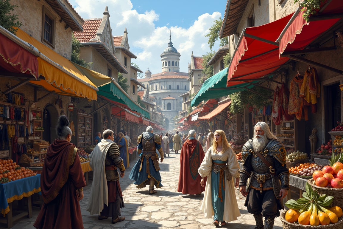 In a vibrant medium shot, a medieval market in a fantasy world thrives with a kaleidoscope of beings shopping amidst a symphony of colors and textures. Awnings of crimson, emerald, and sapphire shelter various shops, their intricate designs and ornate details reflecting the merchants' impressive attire. Warriors, clad in burnished armor, stand alongside magicians, their flowing robes adorned with glittering gemstones. Maidens, dressed in diaphanous silks, mingle with bandits, their leather-bound finery a testament to their rough-and-tumble nature. Fruits and fabrics of every hue are on display, as the sun casts a warm glow, capturing the shadows and reflections that dance across the market's bustling expanse. Every anatomical detail is rendered with divine precision, showcasing the mastery of the artist's skill. The overall effect is a masterpiece of visual storytelling, transporting viewers to a realm of wonder and enchantment.