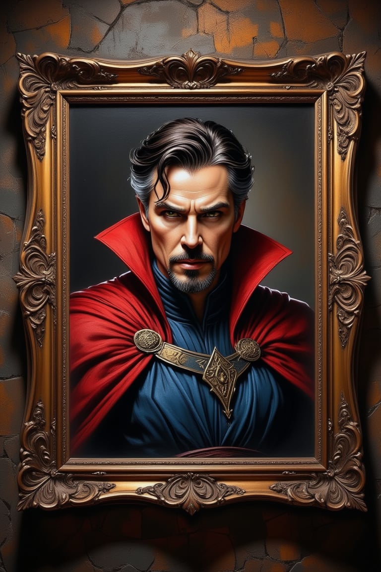 Framed Portrait of Doctor Strange of comic made in oil in the 15th century,hanging on a richly frame decorated Victorian wall, impeccable strokes,Character's characteristic clothing, realism, real colors in a matte oil tone, highlighted eye contour, dramatic,semi-lateral position,centered image, light reflected on the face with shades of dark shadows, hyper realistic paint texture,masterpiece, period painting with great realism, impressive details of the suit, very defined and curious, Gothic style, extremely high-resolution details, photographic, realism pushed to extreme, fine texture, incredibly lifelike,background with tone that highlights the image,by Stan Lee style,trending on artstation