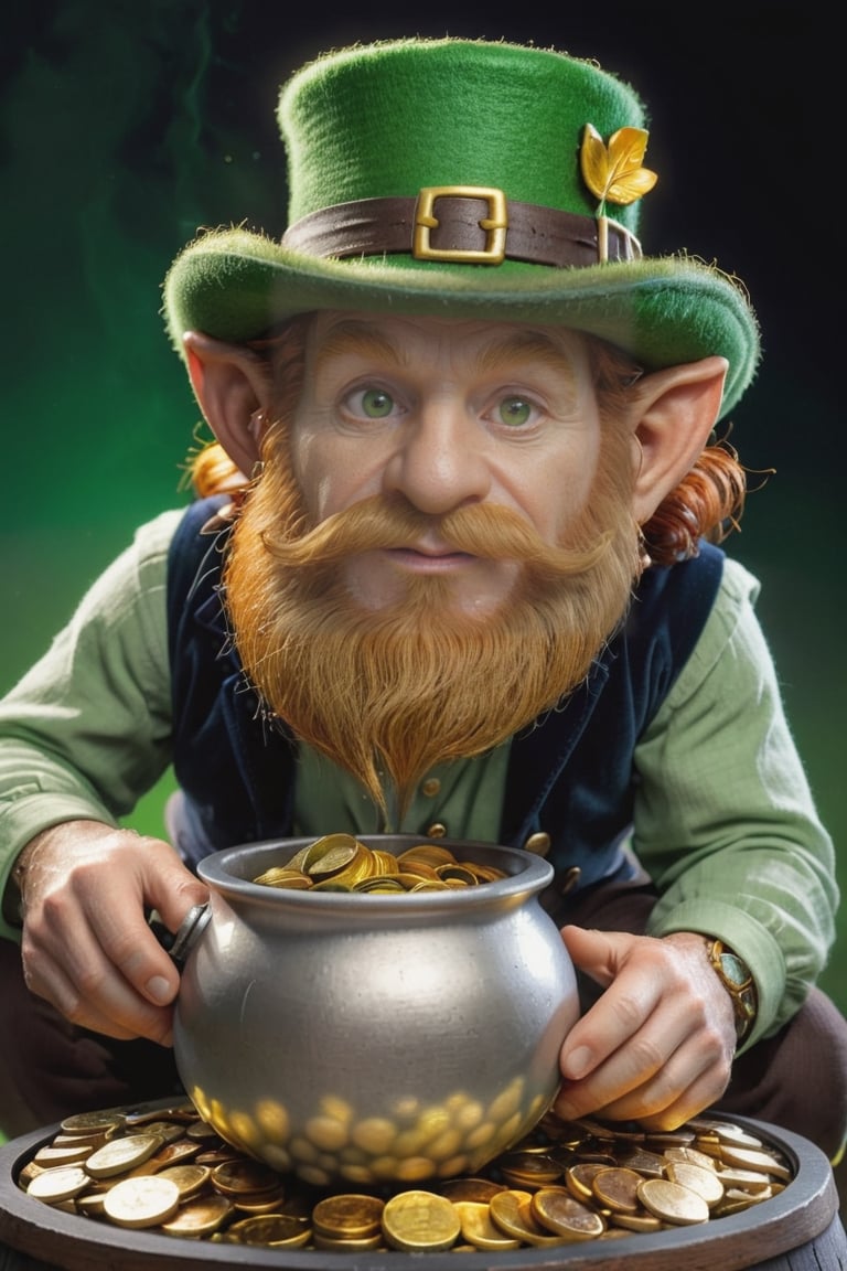 hiperrealistic style,photorealistic,photo studio,human porous and realistic skin,a human leprechaun counting gold coins from a iron black pot full of coins, natural hair very detailed,reddish beard, large greedy eyes with dilated pupil and iris, curious hat, green corduroy clothing with highly detailed microfibers, large ears and flat nose, thick fingers and dirty nails, the pot emanates a golden luminescence that is reflected in the leprecaunt's face, environment with carbon particles in the air, fine threads of smoke in the environment, masterpiece, professional work, details taken to the extreme of reality, impressive, divine, dramatic , medium tones between green and olive,amazing background