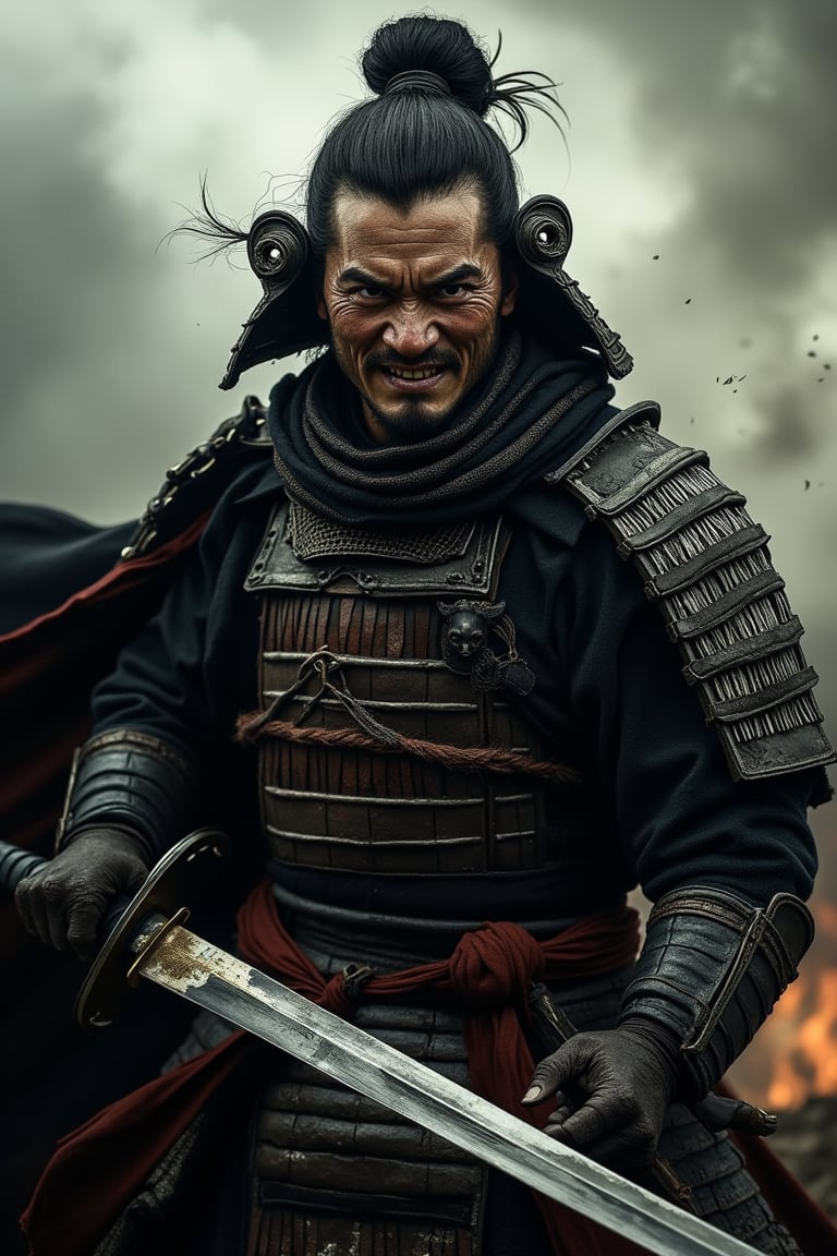 japanese samurai elite warrior holding a large katana,samurai helmet,japanese face,amazing kataana detailed, dirty face with some scars, expressive eyes with cornea and iris details, dirty hair,detailed teeth, wearing period armor with minute details, realistic texture materials, incredibly realistic skin texture, middle earth battlefield, smoke and fire around, cloudy sky, hostile environment, carbonic ambient particles, face with infinite details, insanely detailed mouth and teeth, anger, rage, saliva, , slightly bifuged background, hyper-realistic style, extremely high resolution details, amazing reflections of light and shadows that give great realism, photographic, realism taken to the extreme, fine texture, incredibly realistic, photorealistic, masterpiece, 8k, professional, dramatic, cinematic, full body shot, amazing reflections of light and shadows that give great realism, perfect body position, 35mm, HDR