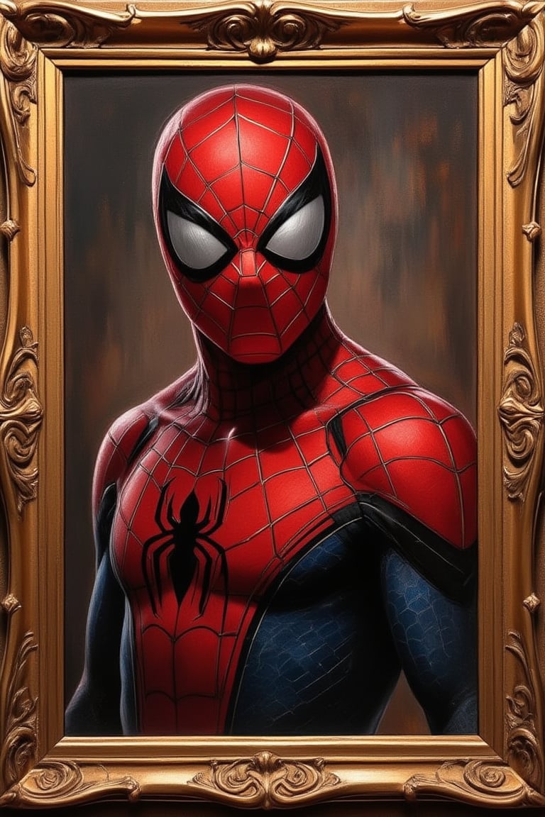 Portrait of Spiderman made in oil in the 15th century in a ((Renaissance gold  wood frame very detailed)), impeccable strokes, realism, vivid colors in a matte tone, highlighted eye contour, dramatic,semi-lateral position,centered image, light reflected on the face with shades of dark shadows, hyper realistic paint texture,masterpiece, period painting with great realism, impressive details of the suit, very defined and curious, Gothic style, extremely high-resolution details, photographic, realism pushed to extreme, fine texture, incredibly lifelike,background with tone that highlights the image