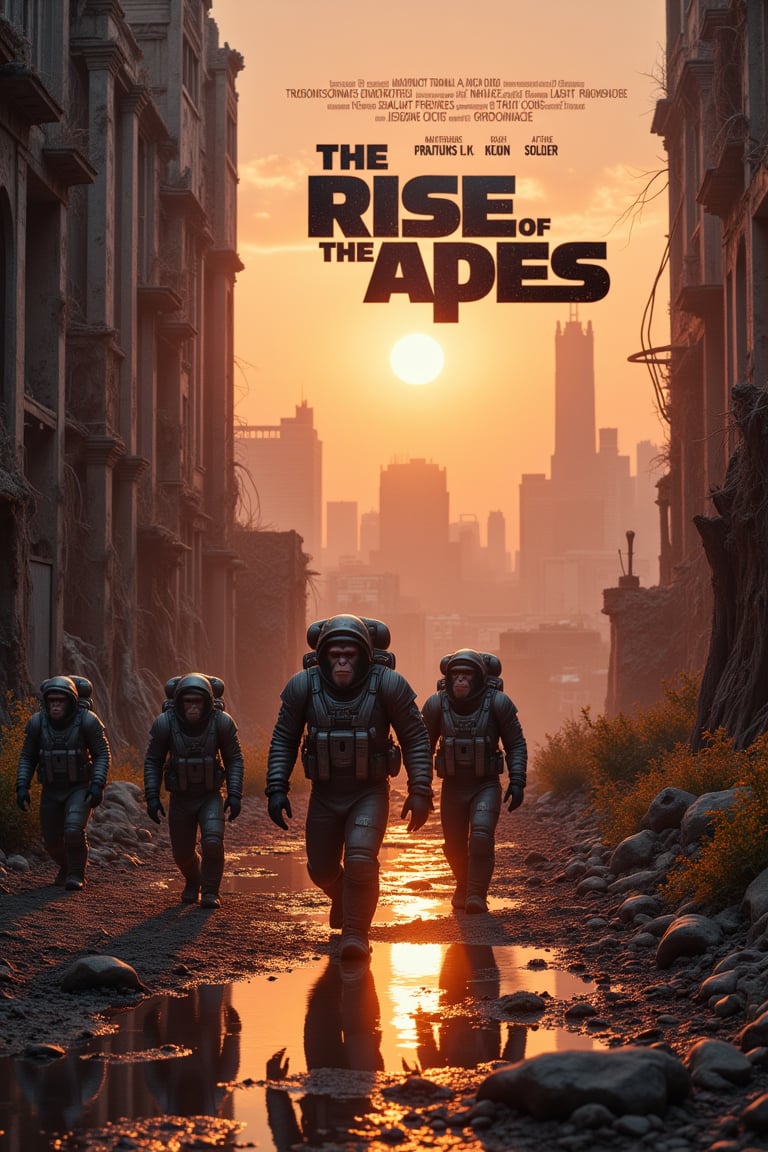 The Rise of the Apes promotional poster ((hanging on the side of a ruined building)), set amidst a sparsely vegetated, puddle-filled, somewhat desolate landscape. A group of chimpanzees, dressed in futuristic astronaut and soldier outfits, walk among the ruins as the setting sun casts an orange glow. A ruined apocalyptic city lies in the background. Medium lighting creates an eerie atmosphere, highlighting the minute details of the ruined structures. The chimpanzees' clothing is meticulously detailed and blends harmoniously with the post-apocalyptic setting, and some carry futuristic weapons. In the distance, ruined skyscrapers pierce the sky, while the distant hum of machinery and flickering light effects add to the unsettling feeling. ((On the poster you can read the texts of the film details such as actors, directors and promotion company, which harmonize professionally with the image, while the name of the film emerges in impressive)), sharp, dark-colored letters with clear edges from a professional printing house in the center with a retro style from the 80s and 90s