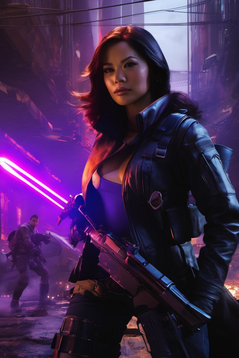 there is a special violet edition poster of a "A seductive assassin with a knack for eliminating high-value targets""Shadow Siren --q 99" centred looking at viewer, game poster, official poster artwork, game promotional poster, official poster, full poster, military art, promotional poster art, beautiful cinematic poster, official print, videogames poster, craig mullins greg rutkowski, ( apocalyptic ) 8 k, craig mullins style, cinematic poster, apocalyptic 8k, apocalyptic 8k, 