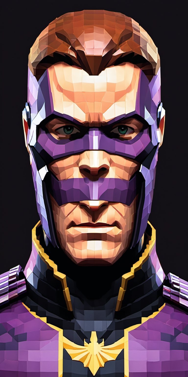 "Craft an intricate 4K portrait of Helmut Zemo, portraying his calculating and enigmatic persona. Showcase his sharp features and steely gaze, emphasizing the signature mask that obscures the upper half of his face. His attire should exude a sense of calculated elegance, with intricate detailing that captures his villainous sophistication. The backdrop should evoke a sense of clandestine intrigue, with shadows and dim lighting hinting at the layers of deception that define this character. Utilize your artistic prowess to bring out the essence of this formidable antagonist in the Marvel universe.",pixel style,Movie Still