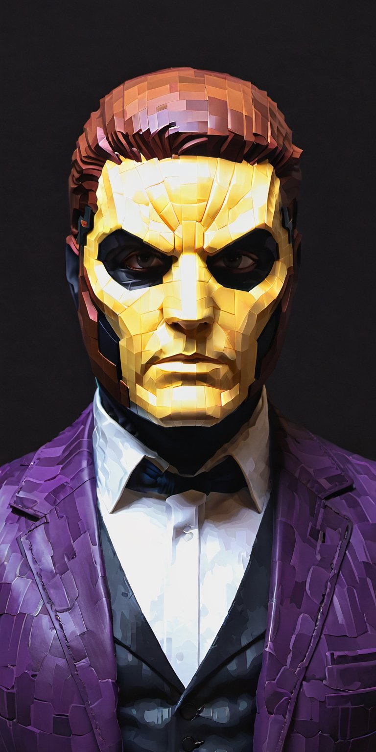 "Craft an intricate 4K portrait of Helmut Zemo, portraying his calculating and enigmatic persona. Showcase his sharp features and steely gaze, emphasizing the signature mask that obscures the upper half of his face. His attire should exude a sense of calculated elegance, with intricate detailing that captures his villainous sophistication. The backdrop should evoke a sense of clandestine intrigue, with shadows and dim lighting hinting at the layers of deception that define this character. Utilize your artistic prowess to bring out the essence of this formidable antagonist in the Marvel universe.",pixel style,Movie Still