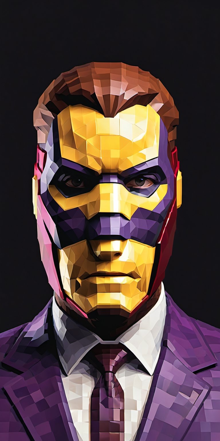 "Craft an intricate 4K portrait of Helmut Zemo, portraying his calculating and enigmatic persona. Showcase his sharp features and steely gaze, emphasizing the signature mask that obscures the upper half of his face. His attire should exude a sense of calculated elegance, with intricate detailing that captures his villainous sophistication. The backdrop should evoke a sense of clandestine intrigue, with shadows and dim lighting hinting at the layers of deception that define this character. Utilize your artistic prowess to bring out the essence of this formidable antagonist in the Marvel universe.",pixel style,Movie Still