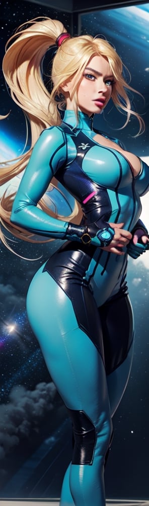 ((masterpiece, best quality)), Samus Aran, Adriana Lima, tight blue bodysuit, sexy, curvy body, Cleavage, full lips, blonde hair in ponytail, detailed face,perfect eyes, clear blue eyes, detailed hands,light background,mix of Space station and realistic elements,vibrant manga,uhd picture , crystal translucency, vibrant artwork,dynamic pose, action pose, lightning in the background,perfecteyes,samus aran,ponytail