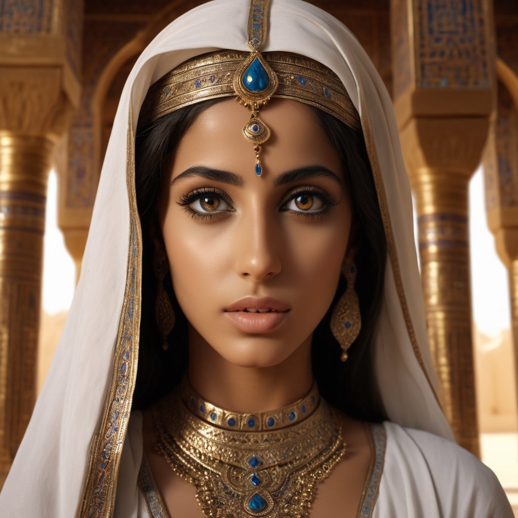 A very beautiful arabian princess in a sacred temple, very detailed eyes, detailed skin, cinematic, film frame, film style, Kodak film, film look, high resolution, photo, photographic, hyper realistic, photorealistic, highly detailed