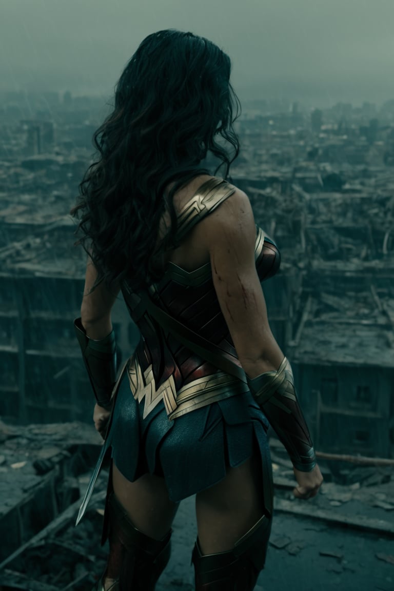 (from_behind:1.3), wonder woman with her back (very soaked), costume torn, dirty and injured, on the edge of a building looking at a devastated city,very rainy day,  Movie Still