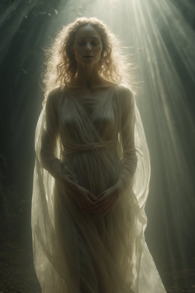 a spectral woman with a (translucent appearance:1.3), Her form is barely tangible, with a soft glow emanating from her gentle contours, The surroundings subtly distort through her ethereal presence, casting a dreamlike ambiance, fantasy LUT, (((dappled sunlight)) ,Movie Still
