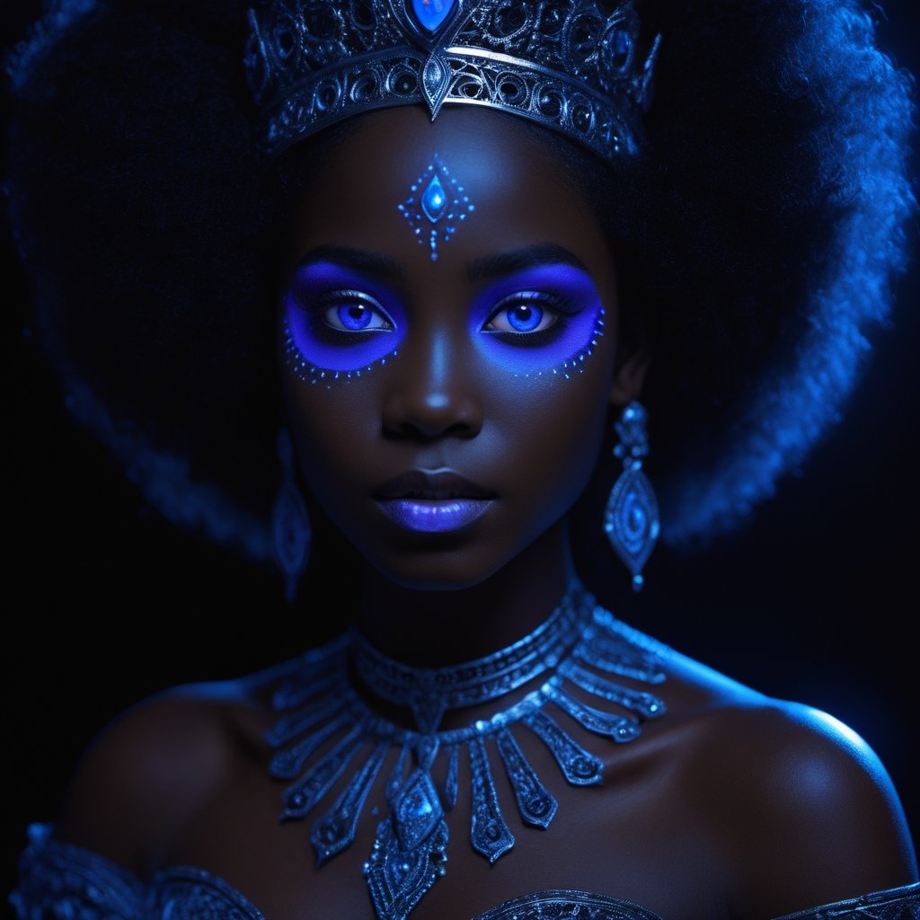 A beautiful black princess with blacklight makeup, very detailed eyes, detailed skin, cinematic, film frame, film style, Kodak film, film look, high resolution, photo, photographic, hyper realistic, photorealistic, highly detailed