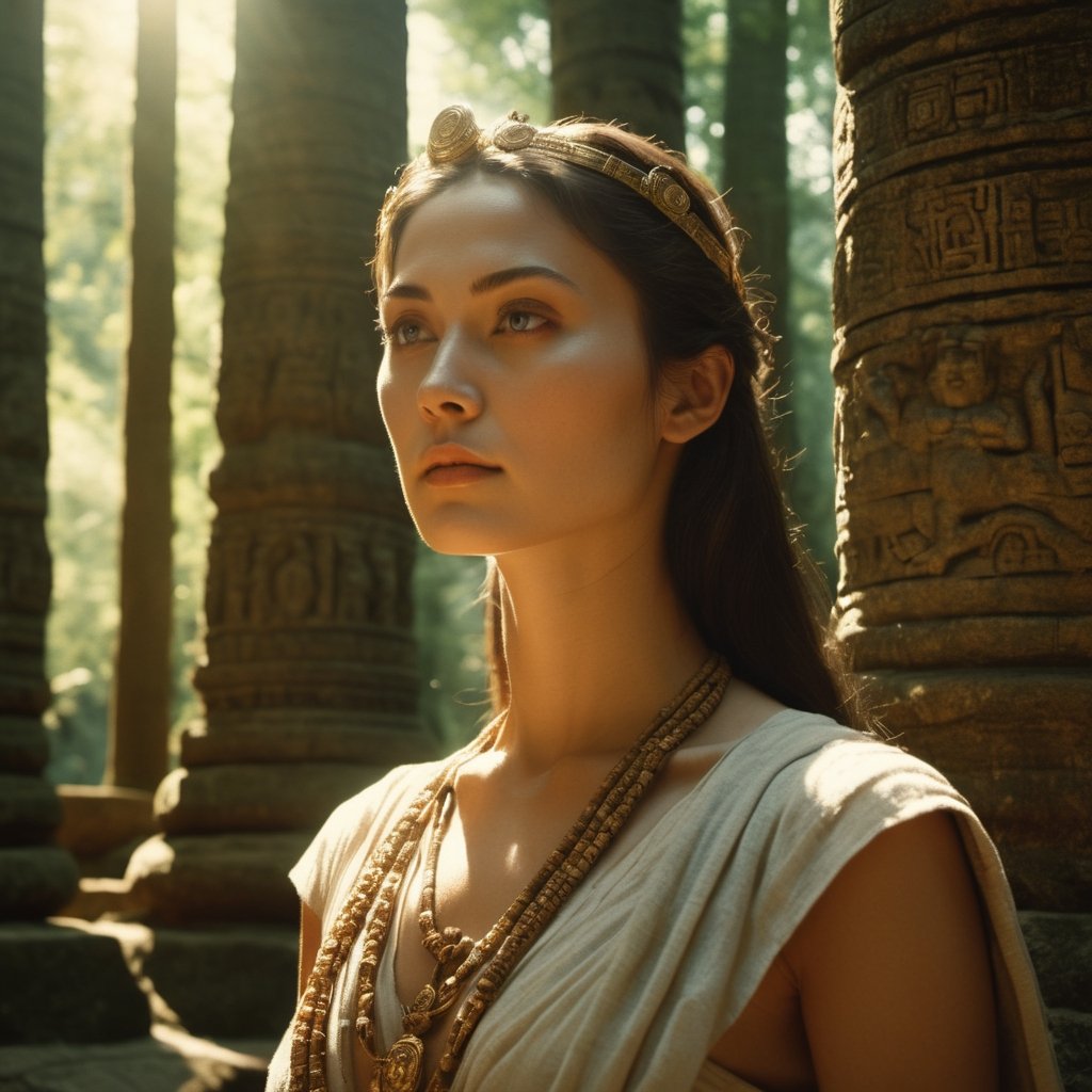 a beautiful priestess in an ancient temple in a forest, very beautiful face, dappled sunlight, Direct Sunlight, cinematic, photorealistic, film style, Kodak film, film look, high resolution, photo, photographic, hyper realistic, photorealistic, highly detailed